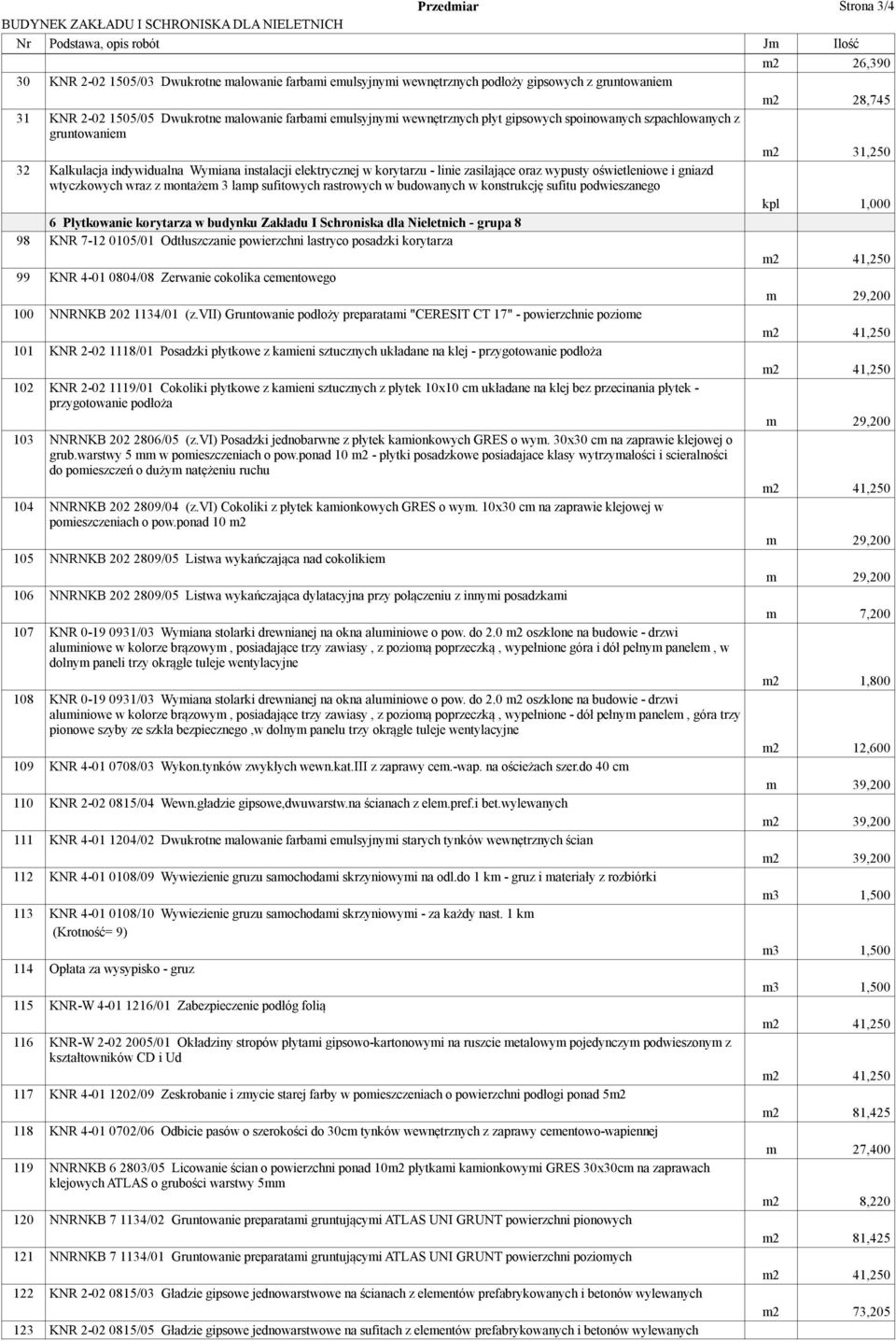 i gniazd wtyczkowych wraz z montażem 3 lamp sufitowych rastrowych w budowanych w konstrukcję sufitu podwieszanego kpl 1,000 6 Płytkowanie korytarza w budynku Zakładu I Schroniska dla Nieletnich -