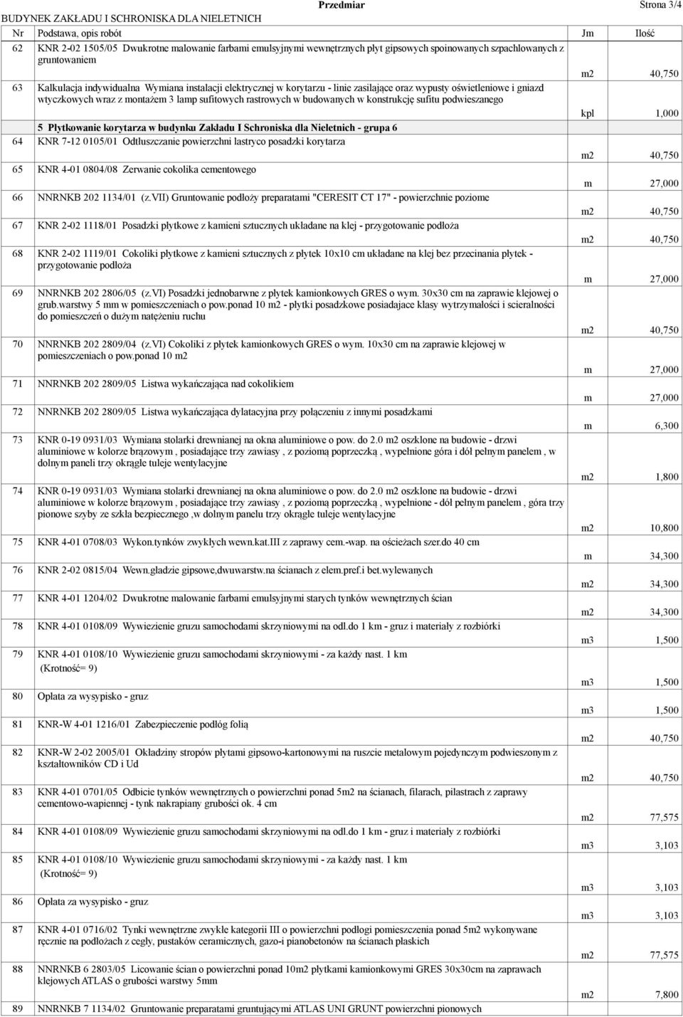 Płytkowanie korytarza w budynku Zakładu I Schroniska dla Nieletnich - grupa 6 64 KNR 7-12 0105/01 Odtłuszczanie powierzchni lastryco posadzki korytarza 65 KNR 4-01 0804/08 Zerwanie cokolika