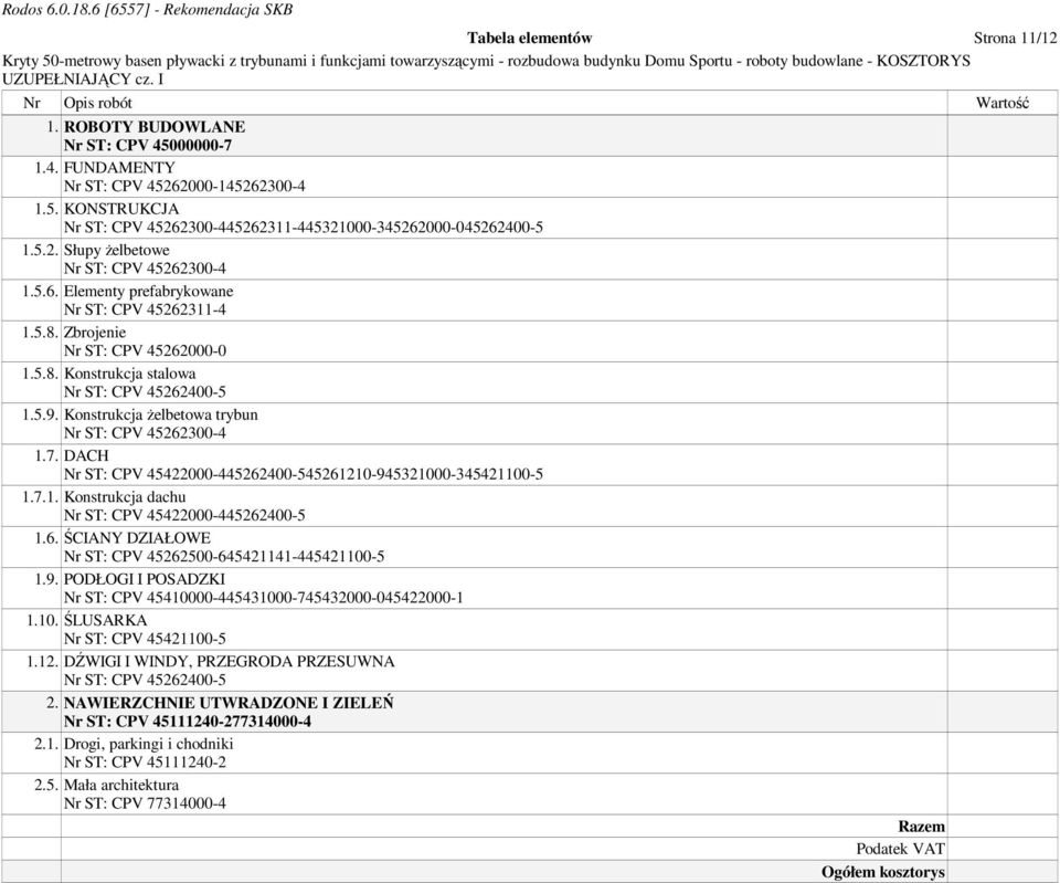 Konstrukcja Ŝelbetowa trybun Nr ST: CPV 45262300-4 1.7. DACH Nr ST: CPV 45422000-445262400-545261210-945321000-345421100-5 1.7.1. Konstrukcja dachu Nr ST: CPV 45422000-445262400-5 1.6.ŚCIANY DZIAŁOWE Nr ST: CPV 45262500-645421141-445421100-5 1.