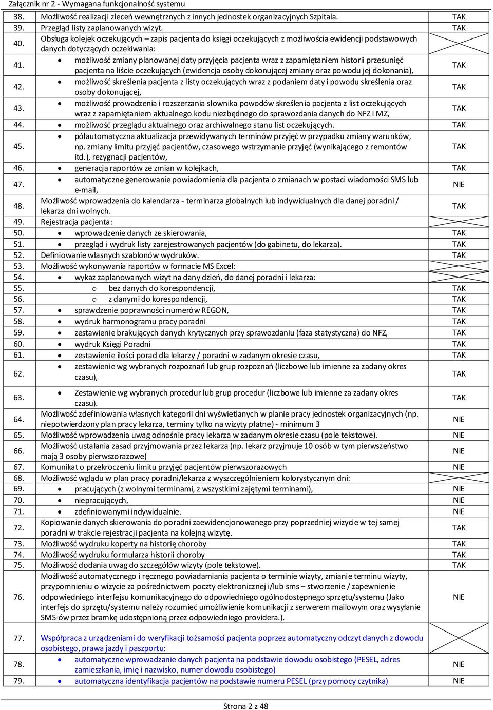 możliwość zmiany planowanej daty przyjęcia pacjenta wraz z zapamiętaniem historii przesunięć pacjenta na liście oczekujących (ewidencja osoby dokonującej zmiany oraz powodu jej dokonania), 42.
