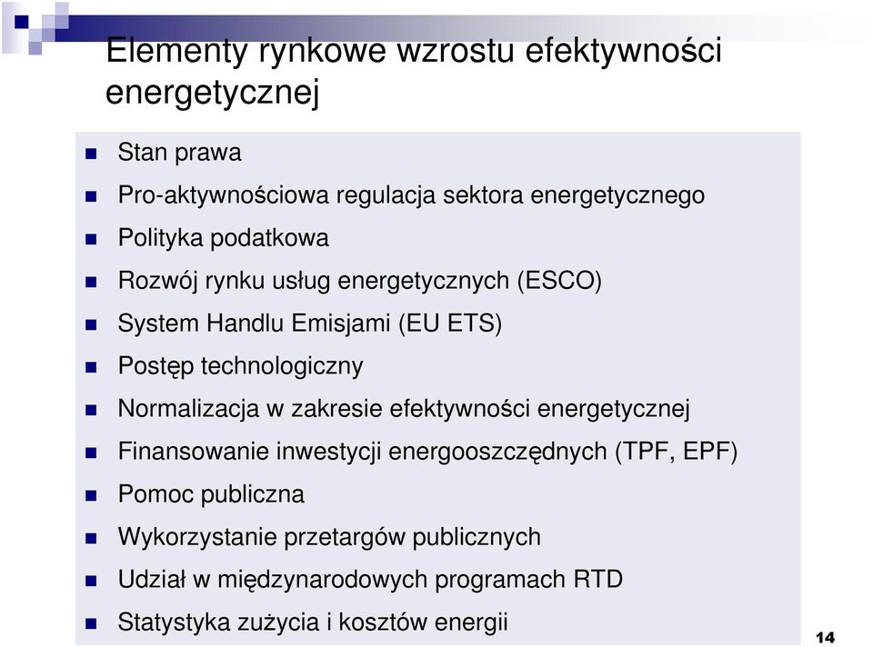 Normalizacja w zakresie efektywności energetycznej Finansowanie inwestycji energooszczędnych (TPF, EPF) Pomoc