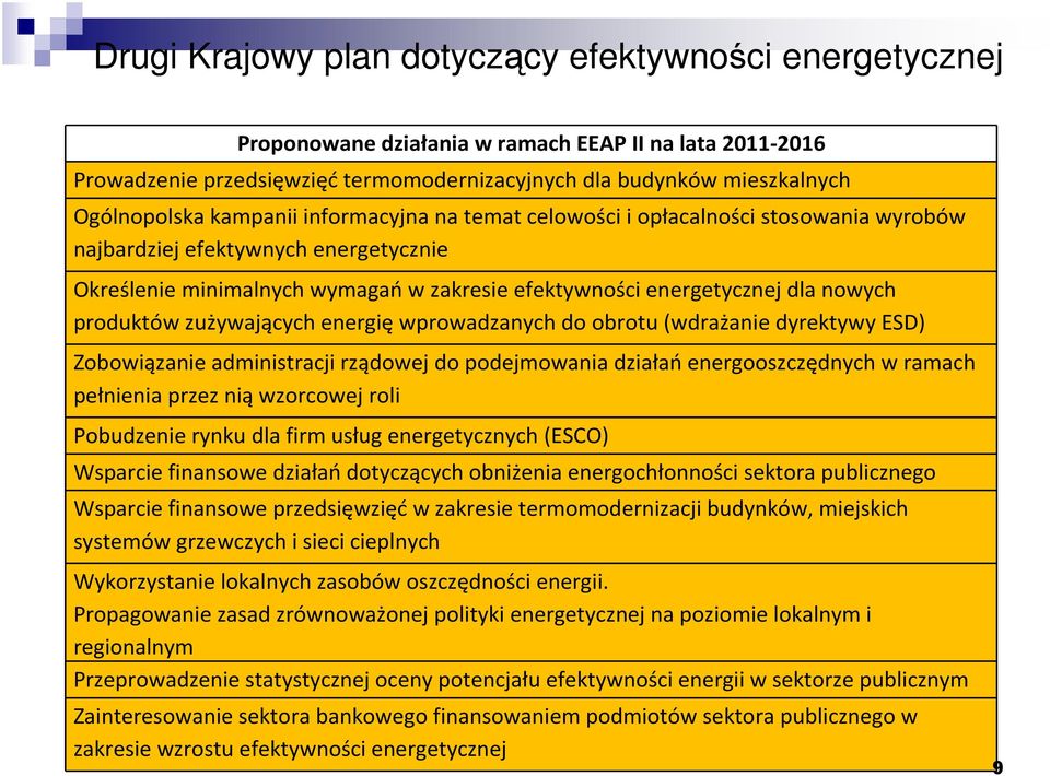 produktów zużywających energię wprowadzanych do obrotu (wdrażanie dyrektywy ESD) Zobowiązanie administracji rządowej do podejmowania działańenergooszczędnych w ramach pełnienia przez nią wzorcowej