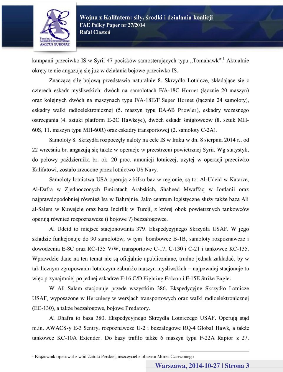 eskadry walki radioelektronicznej (5. maszyn typu EA-6B Prowler), eskadry wczesnego ostrzegania (4. sztuki platform E-2C Hawkeye), dwóch eskadr śmigłowców (8. sztuk MH- 60S, 11.