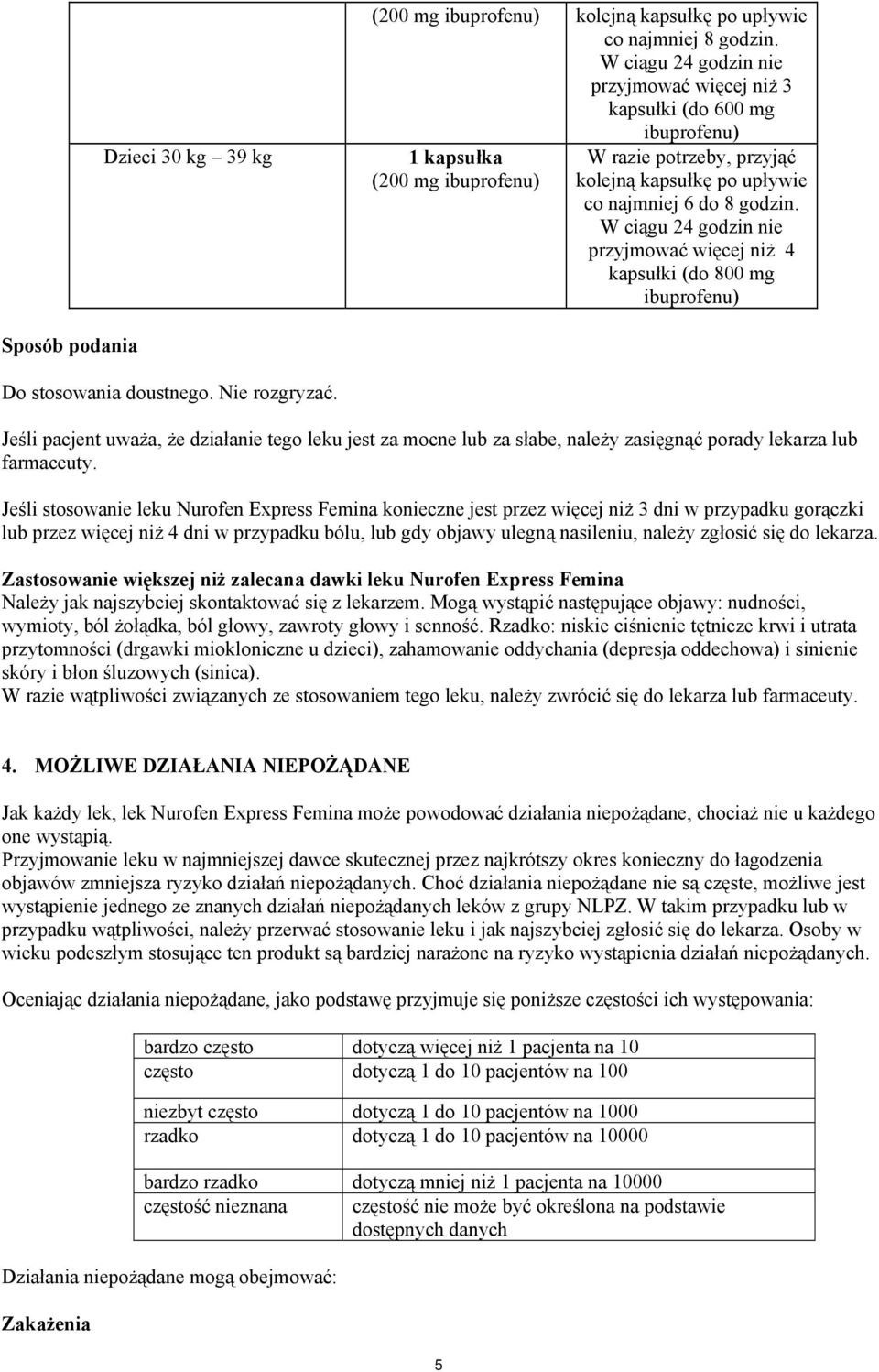 W ciągu 24 godzin nie przyjmować więcej niż 4 kapsułki (do 800 mg ibuprofenu) Sposób podania Do stosowania doustnego. Nie rozgryzać.