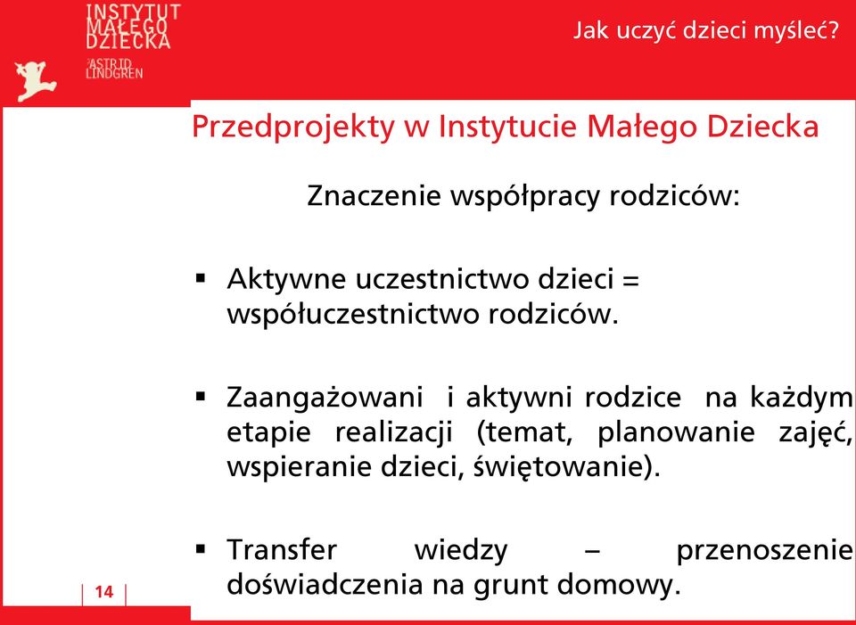 Zaangażowani i aktywni rodzice na każdym etapie realizacji (temat, planowanie