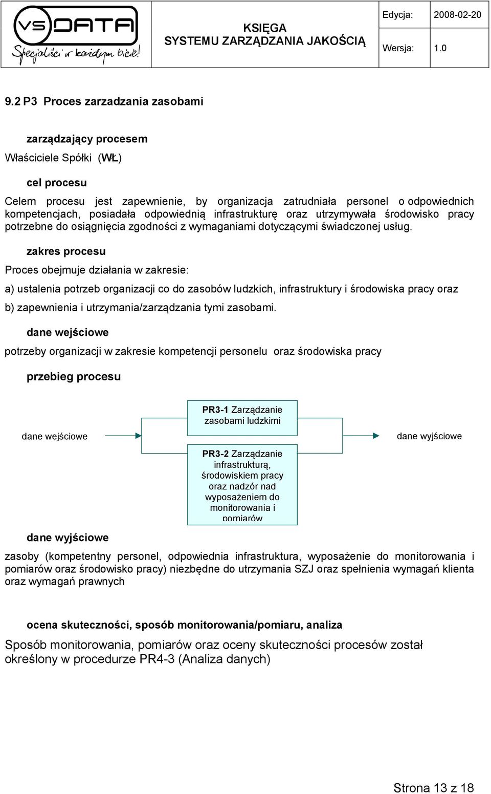 zakres procesu Proces obejmuje działania w zakresie: a) ustalenia potrzeb organizacji co do zasobów ludzkich, infrastruktury i środowiska pracy oraz b) zapewnienia i utrzymania/zarządzania tymi