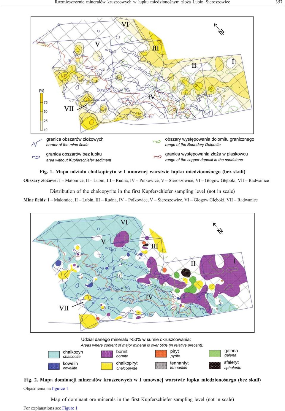 Radwanice Distribution of the chalcopyrite in the first Kupferschiefer sampling level (not in scale) Mine fields: I Ma³omice, II Lubin, III Rudna, IV Polkowice, V Sieroszowice, VI