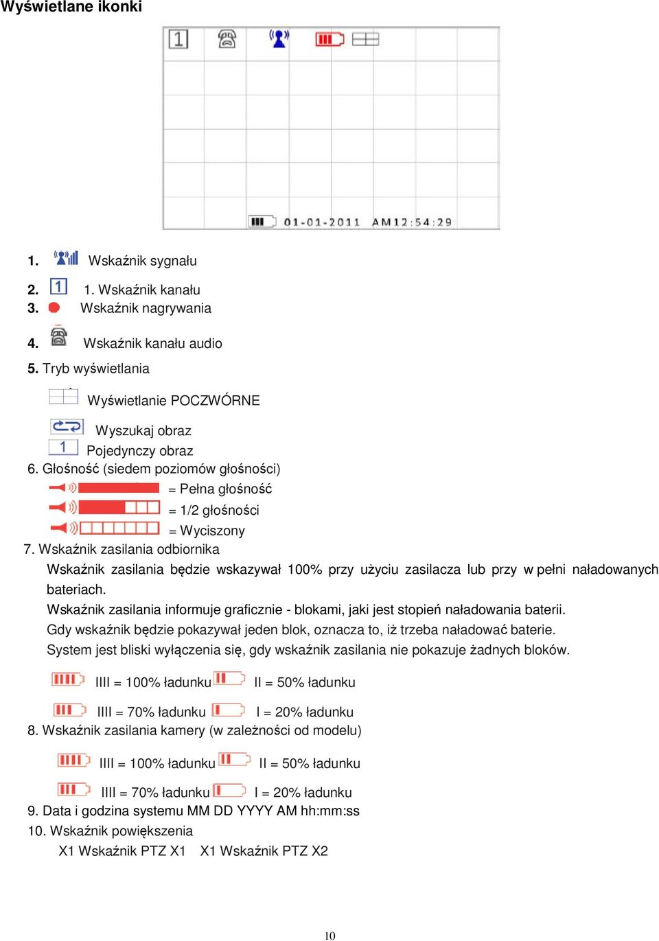 Wskaźnik zasilania odbiornika Wskaźnik zasilania będzie wskazywał 100% przy użyciu zasilacza lub przy w pełni naładowanych bateriach.