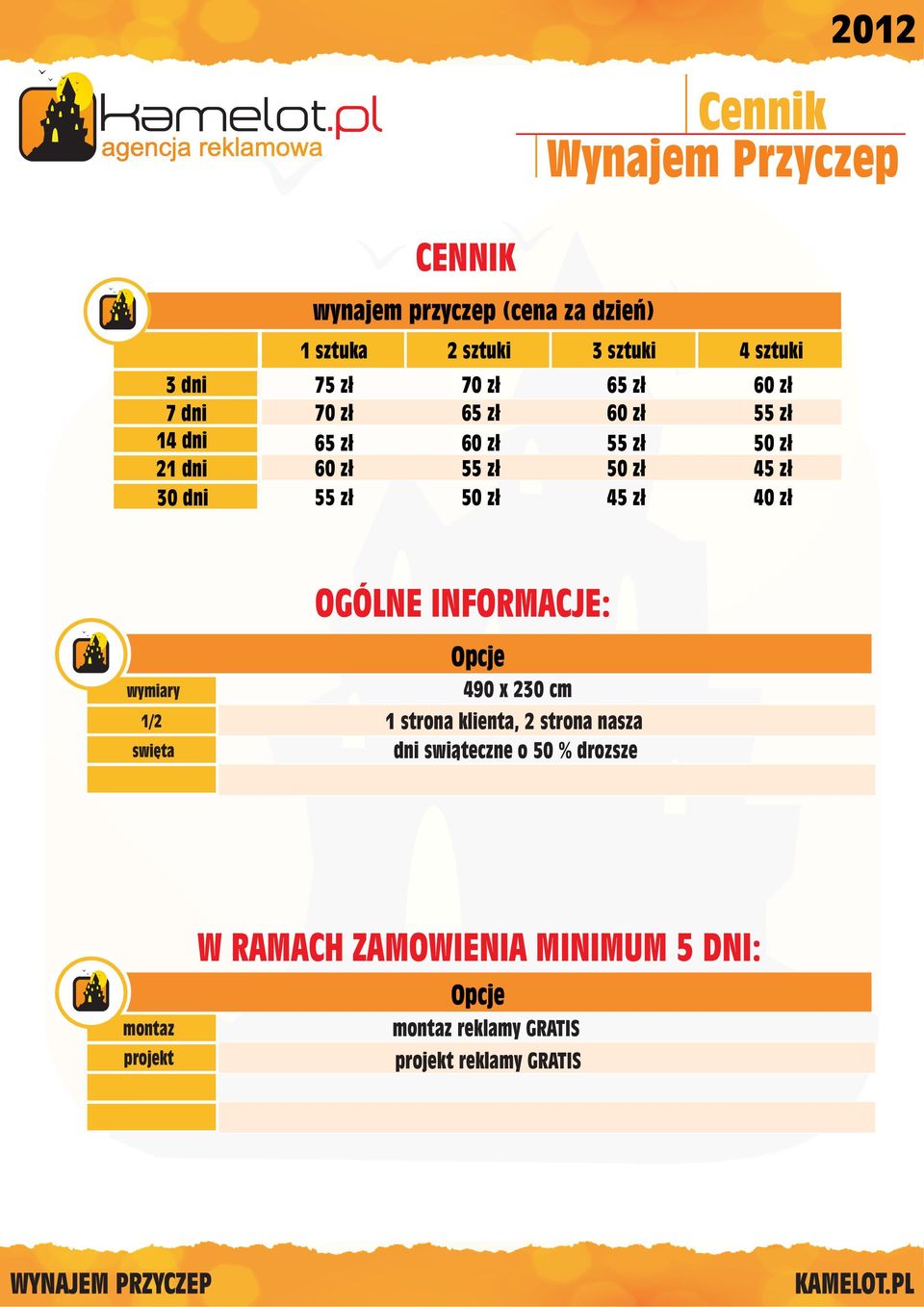 z³ wymiary 1/2 swiêta OGÓLNE INFORMACJE: 490 x 230 cm 1 strona klienta, 2 strona nasza dni swi¹teczne o