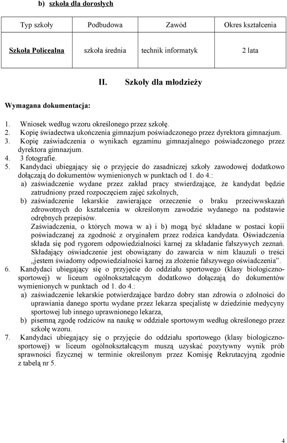 Kopię zaświadczenia o wynikach egzaminu gimnazjalnego poświadczonego przez dyrektora gimnazjum. 4. 3 fotografie. 5.