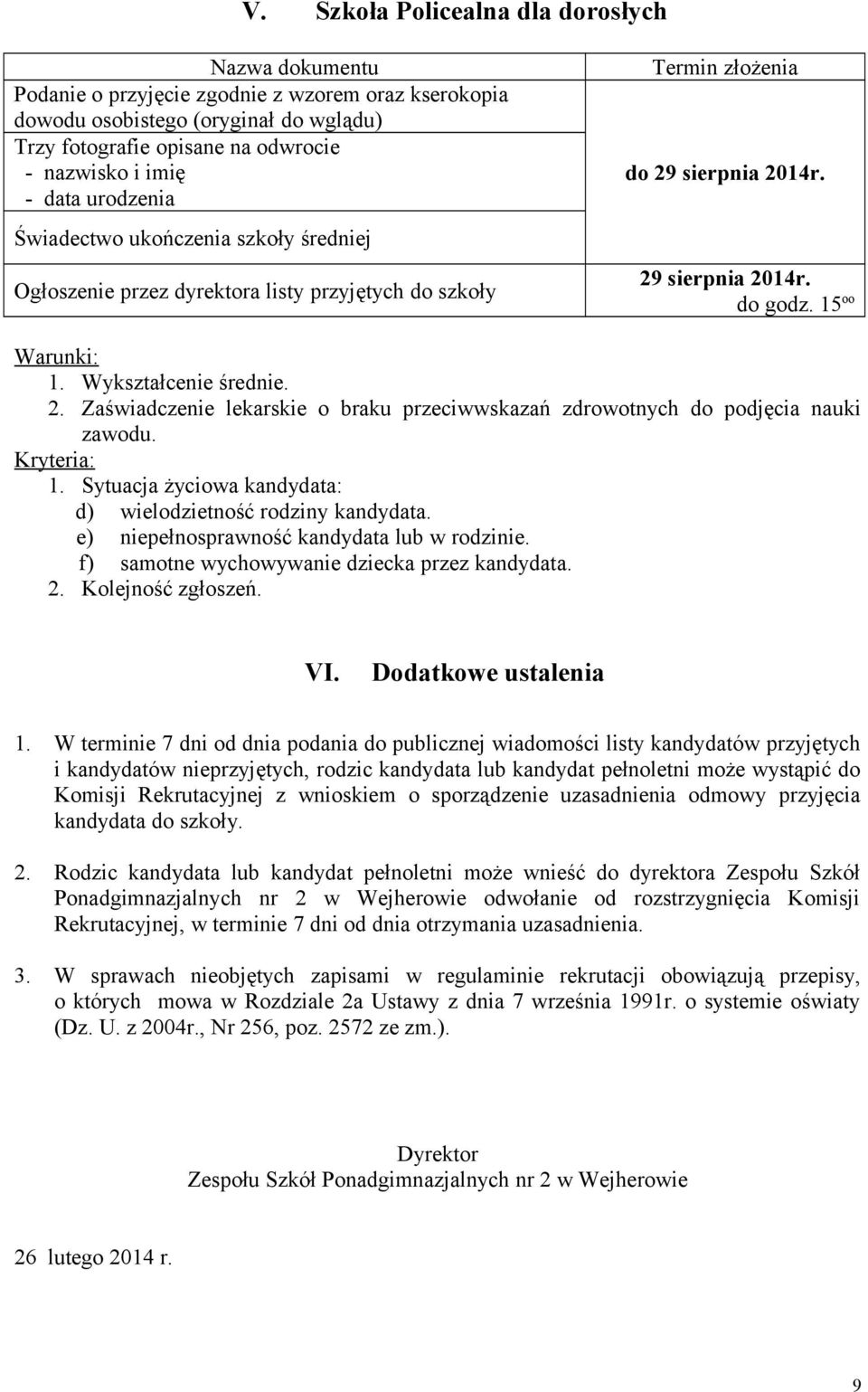 Wykształcenie średnie. 2. Zaświadczenie lekarskie o braku przeciwwskazań zdrowotnych do podjęcia nauki zawodu. Kryteria: 1. Sytuacja życiowa kandydata: d) wielodzietność rodziny kandydata.