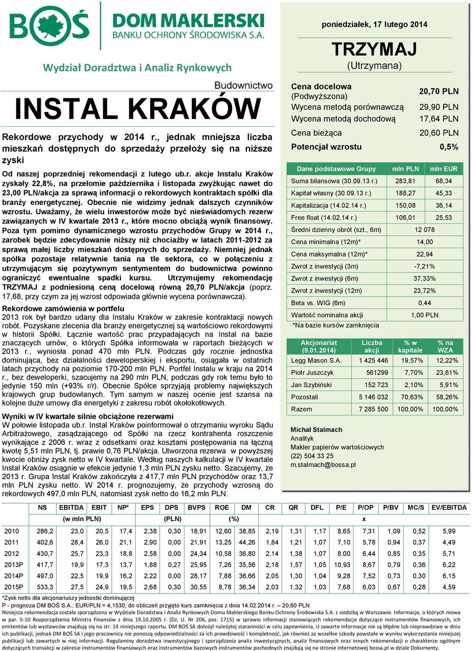 edaży przełoży się na niższe zyski Od naszej poprzedniej rekomendacji z lutego ub.r. akcje Instalu Kraków zyskały 22,8%, na przełomie października i listopada zwyżkując nawet do 23,00 PLN/akcja za sprawą informacji o rekordowych kontraktach spółki dla branży energetycznej.