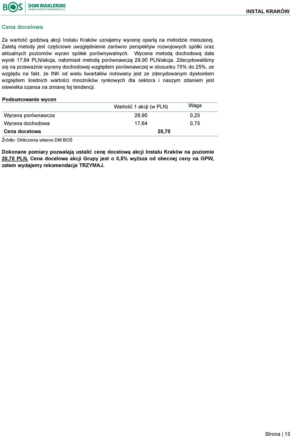 Wycena metodą dochodową dała wynik 17,64 PLN/akcja, natomiast metodą porównawczą 29,90 PLN/akcja.