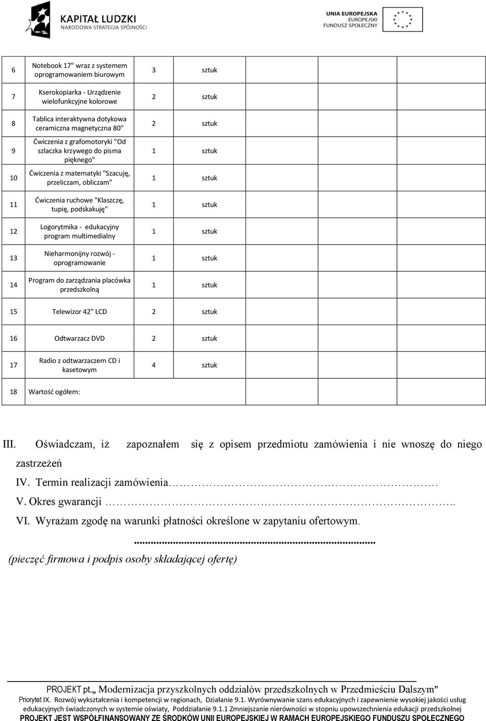 multimedialny Nieharmonijny rozwój - oprogramowanie Program do zarządzania placówka przedszkolną 3 sztuk 2 sztuk 2 sztuk 15 Telewizor 42" LCD 2 sztuk 16 Odtwarzacz DVD 2 sztuk 17 Radio z odtwarzaczem