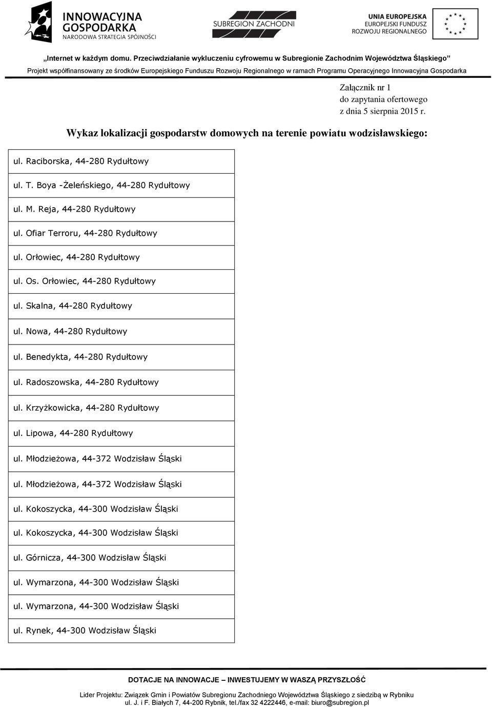 Nowa, 44-280 Rydułtowy ul. Benedykta, 44-280 Rydułtowy ul. Radoszowska, 44-280 Rydułtowy ul. Krzyżkowicka, 44-280 Rydułtowy ul. Lipowa, 44-280 Rydułtowy ul. Młodzieżowa, 44-372 Wodzisław Śląski ul.