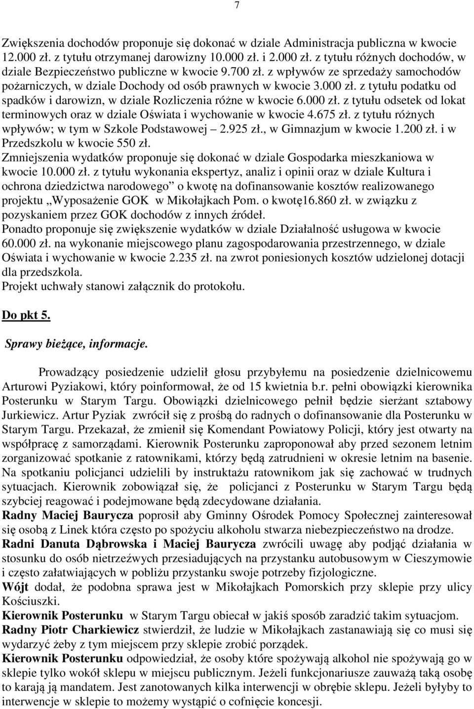 675 zł. z tytułu różnych wpływów; w tym w Szkole Podstawowej 2.925 zł., w Gimnazjum w kwocie 1.200 zł. i w Przedszkolu w kwocie 550 zł.