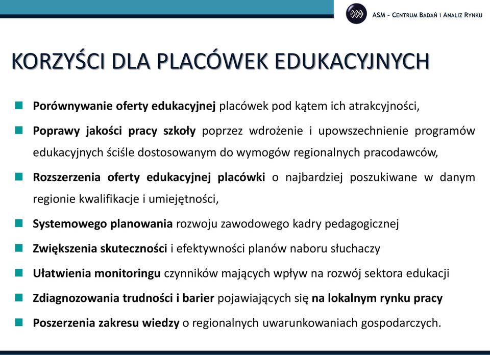 i umiejętności, Systemowego planowania rozwoju zawodowego kadry pedagogicznej Zwiększenia skuteczności i efektywności planów naboru słuchaczy Ułatwienia monitoringu czynników