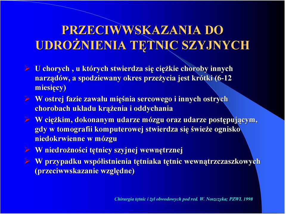 oraz udarze postępującym, gdy w tomografii komputerowej stwierdza się świeże ognisko niedokrwienne w mózgu W niedrożności tętnicy szyjnej wewnętrznej W