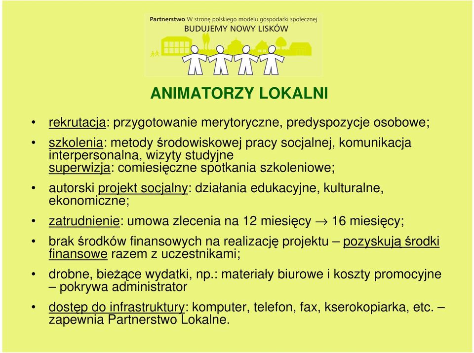 zlecenia na 12 miesięcy 16 miesięcy; brak środków finansowych na realizację projektu pozyskująśrodki finansowe razem z uczestnikami; drobne, bieżące wydatki,