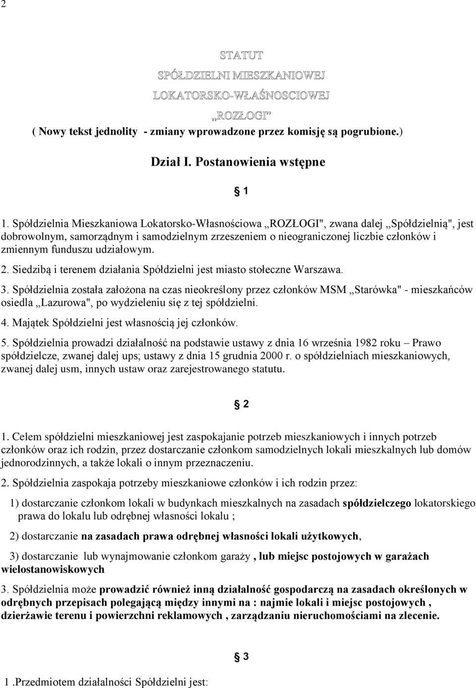 udziałowym. 2. Siedzibą i terenem działania Spółdzielni jest miasto stołeczne Warszawa. 3.