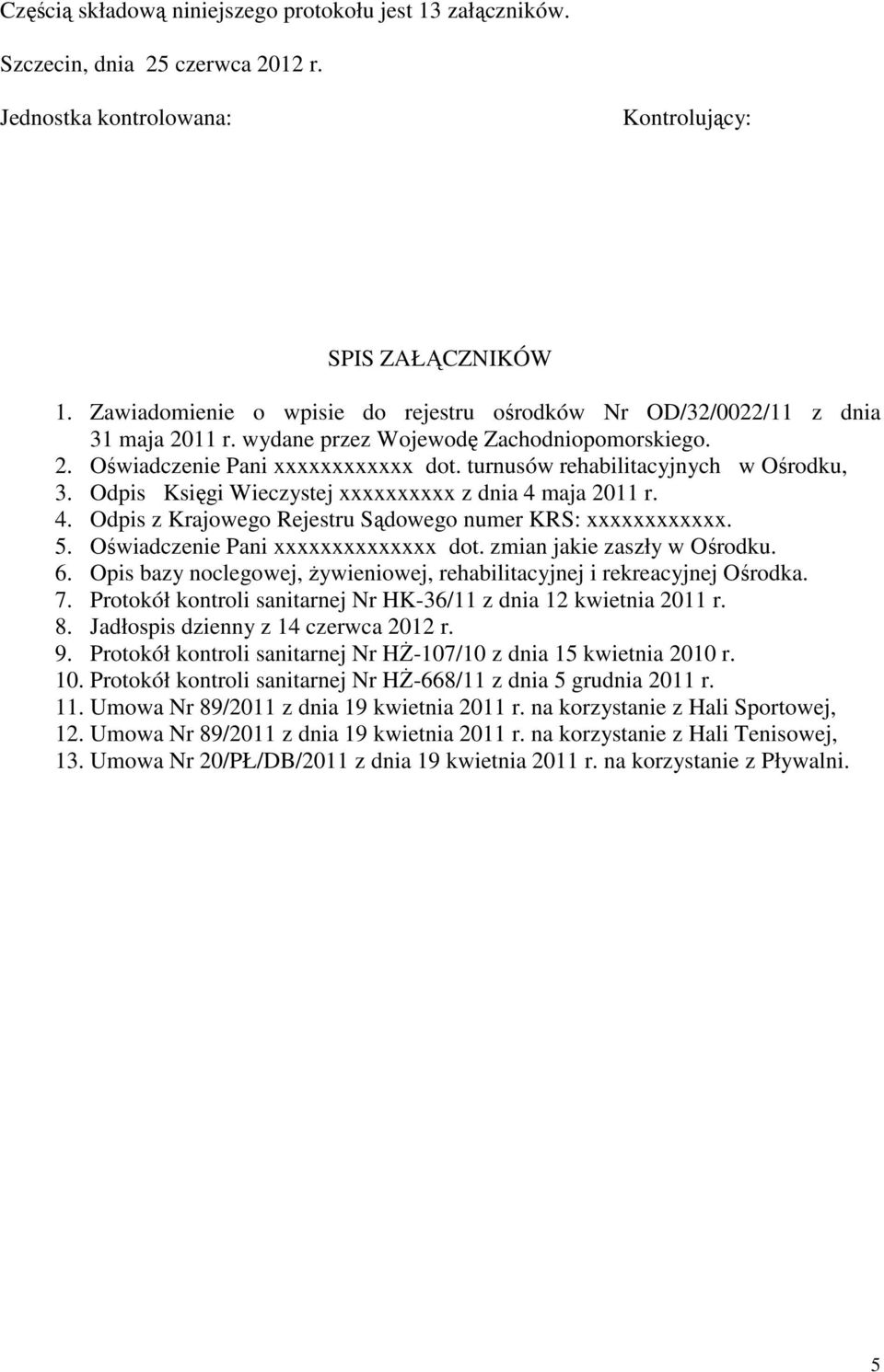 turnusów rehabilitacyjnych w Ośrodku, 3. Odpis Księgi Wieczystej xxxxxxxxxx z dnia 4 maja 2011 r. 4. Odpis z Krajowego Rejestru Sądowego numer KRS: xxxxxxxxxxxx. 5.