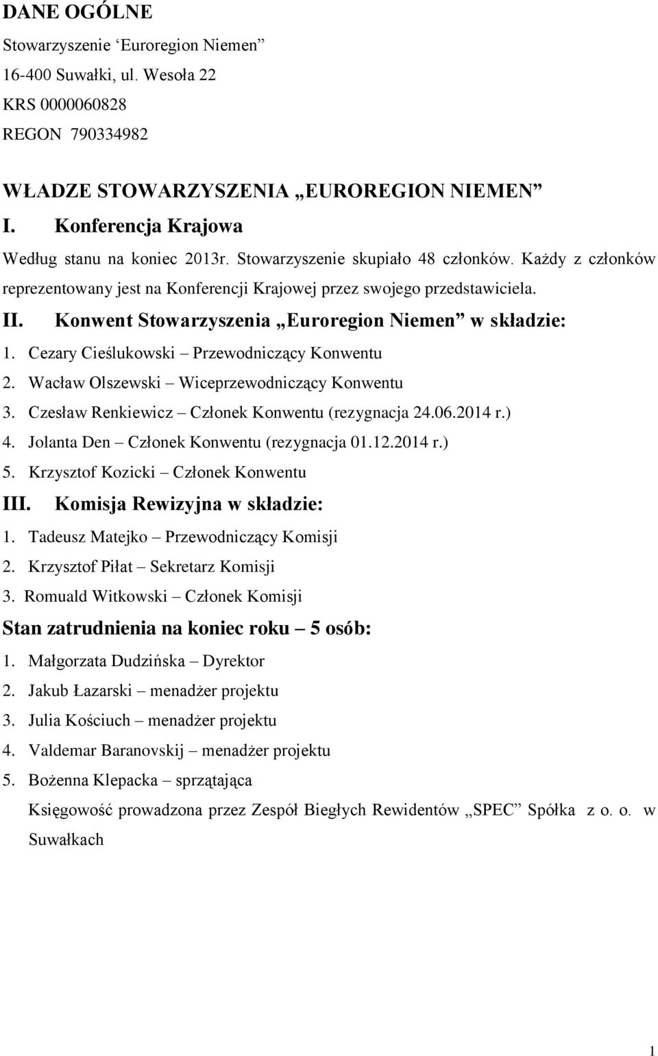 Cezary Cieślukowski Przewodniczący Konwentu 2. Wacław Olszewski Wiceprzewodniczący Konwentu 3. Czesław Renkiewicz Członek Konwentu (rezygnacja 24.06.2014 r.) 4.