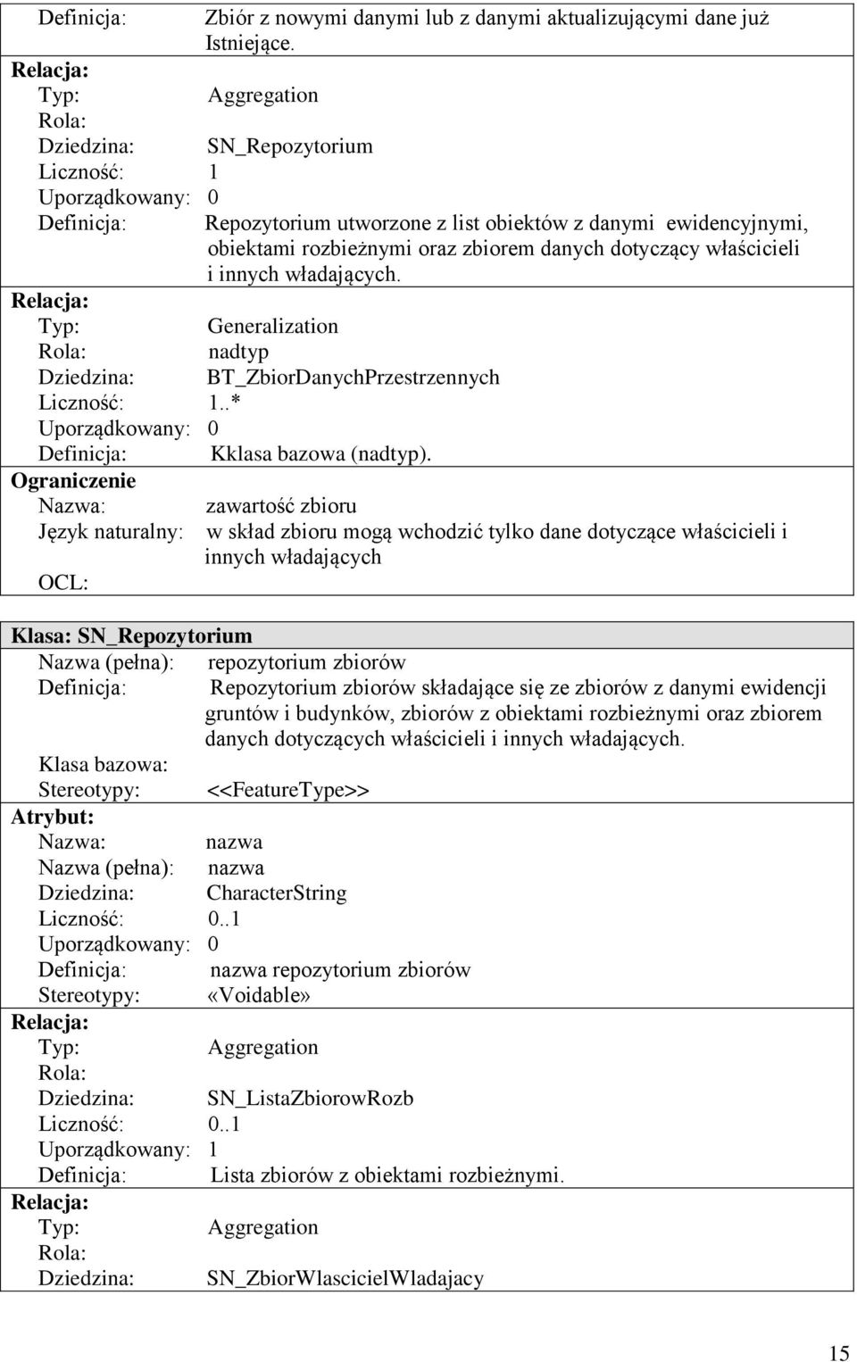 danych dotyczący właścicieli i innych władających. Relacja: Typ: Generalization Rola: nadtyp Dziedzina: BT_ZbiorDanychPrzestrzennych Liczność: 1..* Uporządkowany: 0 Definicja: Kklasa bazowa (nadtyp).