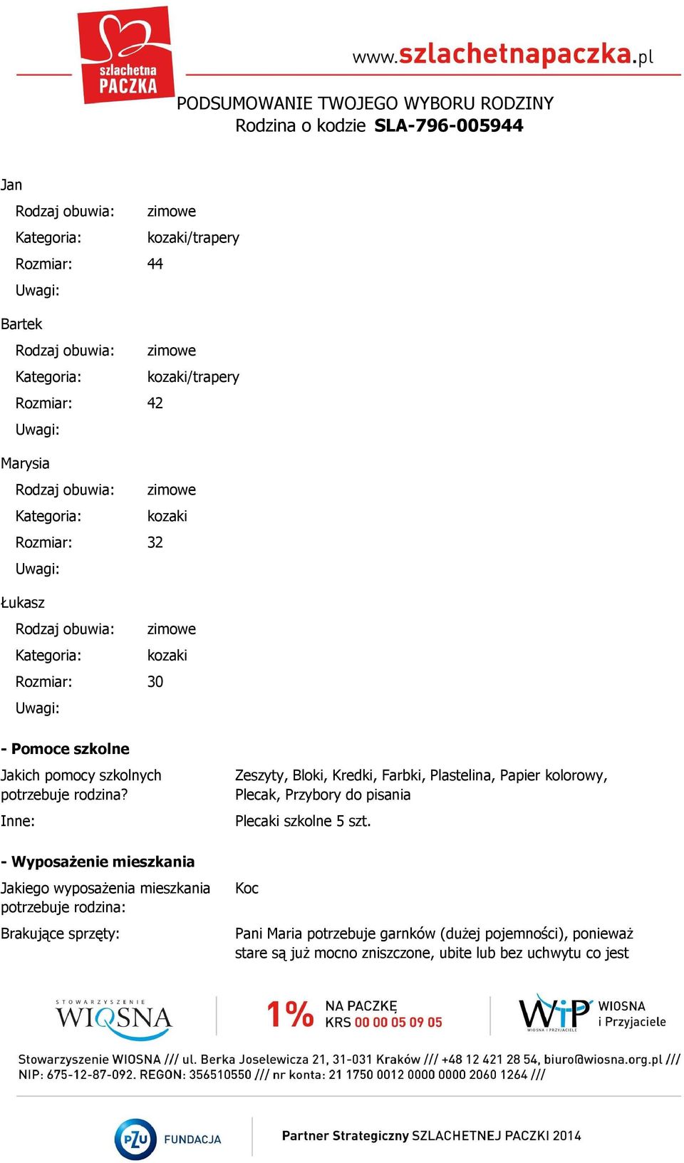 Inne: - Wyposażenie mieszkania Jakiego wyposażenia mieszkania potrzebuje rodzina: Brakujące sprzęty: Zeszyty, Bloki, Kredki, Farbki,