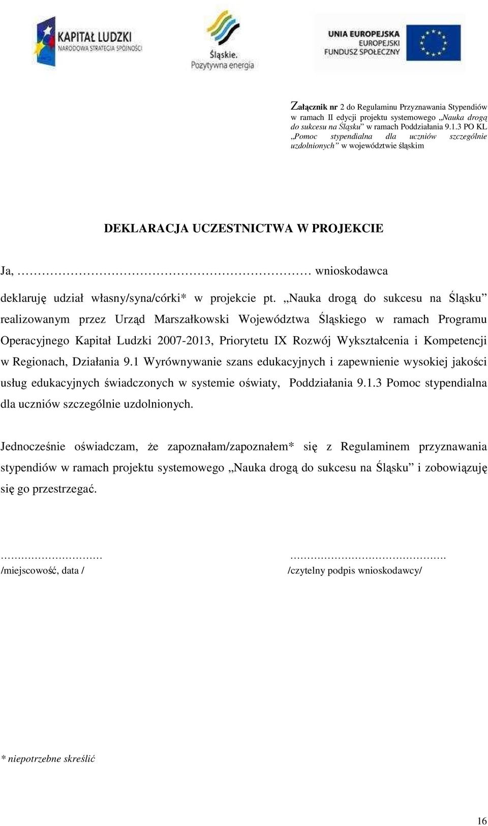 Nauka drogą do sukcesu na Śląsku realizowanym przez Urząd Marszałkowski Województwa Śląskiego w ramach Programu Operacyjnego Kapitał Ludzki 2007-2013, Priorytetu IX Rozwój Wykształcenia i Kompetencji