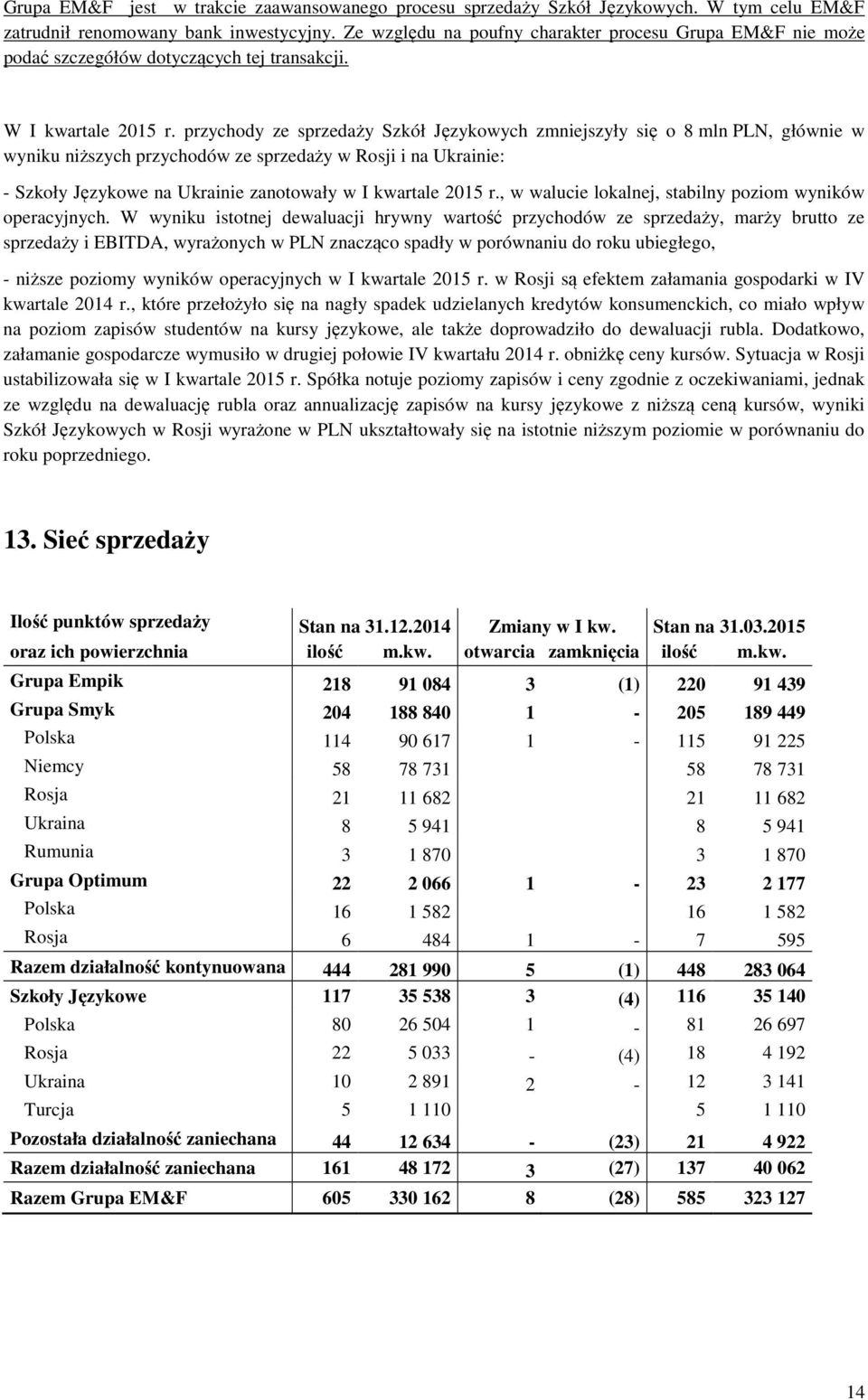 przychody ze sprzedaży Szkół Językowych zmniejszyły się o 8 mln PLN, głównie w wyniku niższych przychodów ze sprzedaży w Rosji i na Ukrainie: - Szkoły Językowe na Ukrainie zanotowały w I kwartale