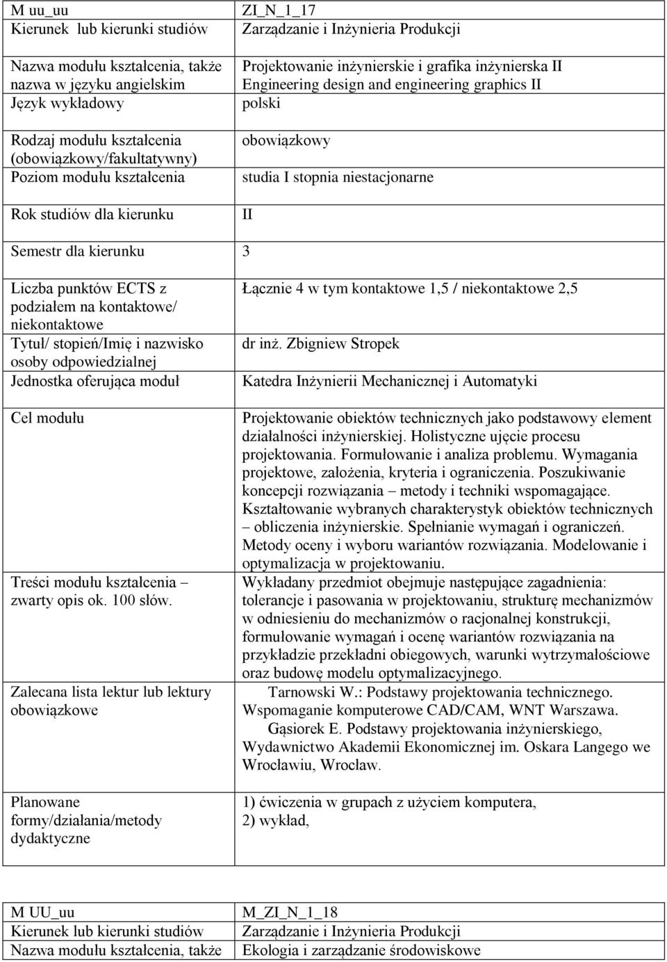 z Tytuł/ stopień/imię i nazwisko osoby Jednostka oferująca moduł Łącznie 4 w tym kontaktowe 1,5 / 2,5 dr inż.