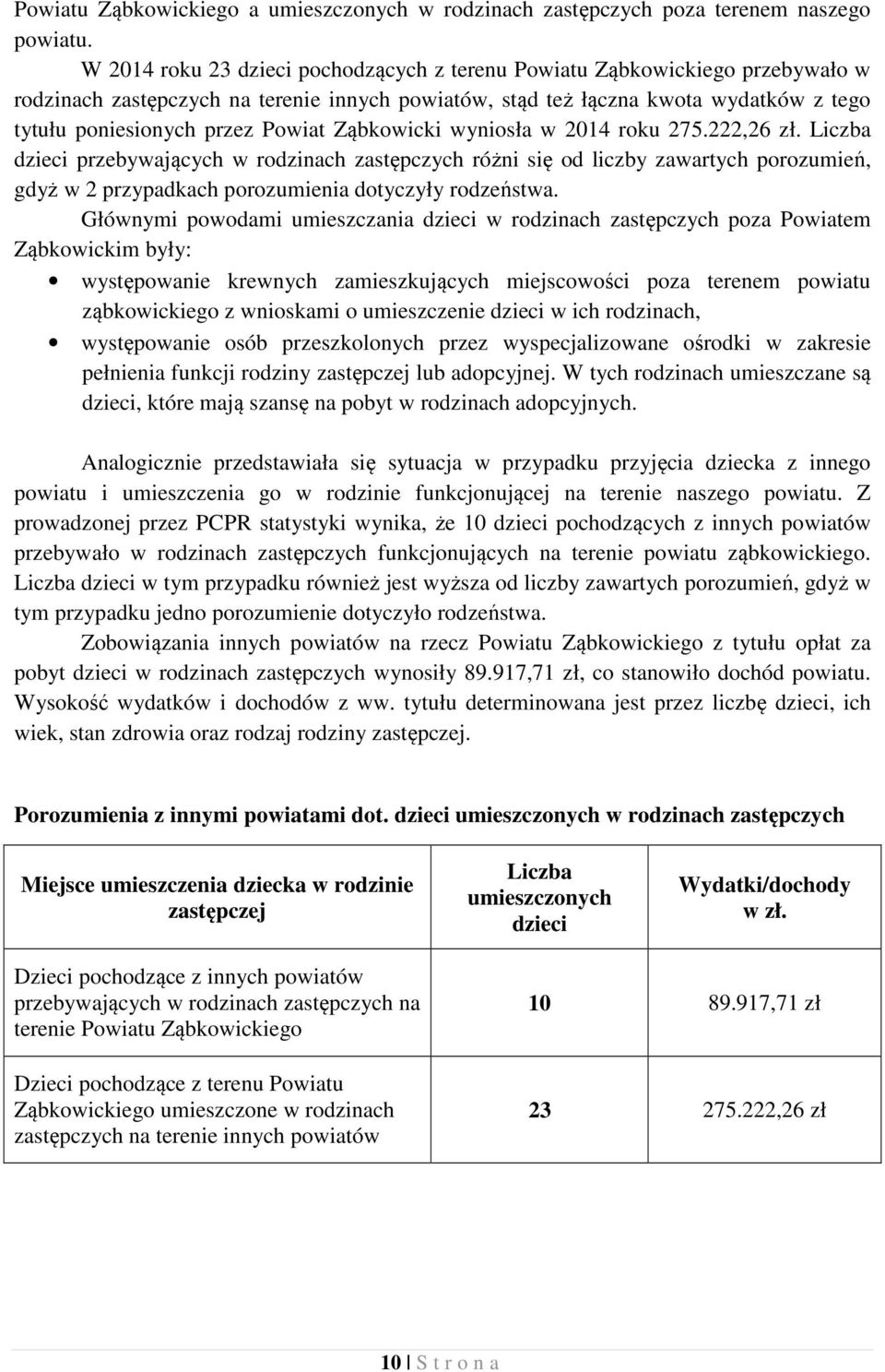 Ząbkowicki wyniosła w 2014 roku 275.222,26 zł. Liczba dzieci przebywających w rodzinach zastępczych różni się od liczby zawartych porozumień, gdyż w 2 przypadkach porozumienia dotyczyły rodzeństwa.