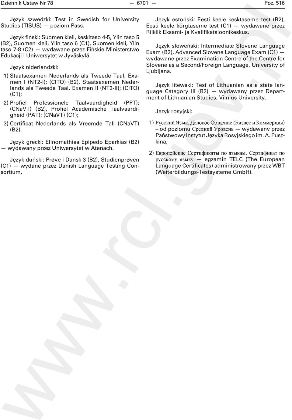 Język niderlandzki: 1) Staatsexamen Nederlands als Tweede Taal, Examen I (NT2-I); (CITO) (B2), Staatsexamen Nederlands als Tweede Taal, Examen II (NT2-II); (CITO) (C1); 2) Profiel Professionele