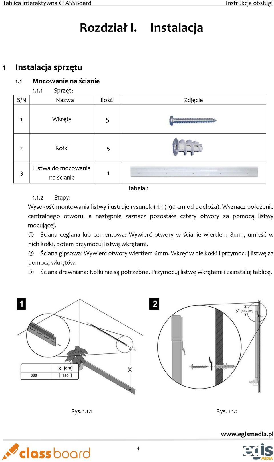 1 Ściana ceglana lub cementowa: Wywierć otwory w ścianie wiertłem 8mm, umieść w nich kołki, potem przymocuj listwę wkrętami. 2 Ściana gipsowa: Wywierć otwory wiertłem 6mm.