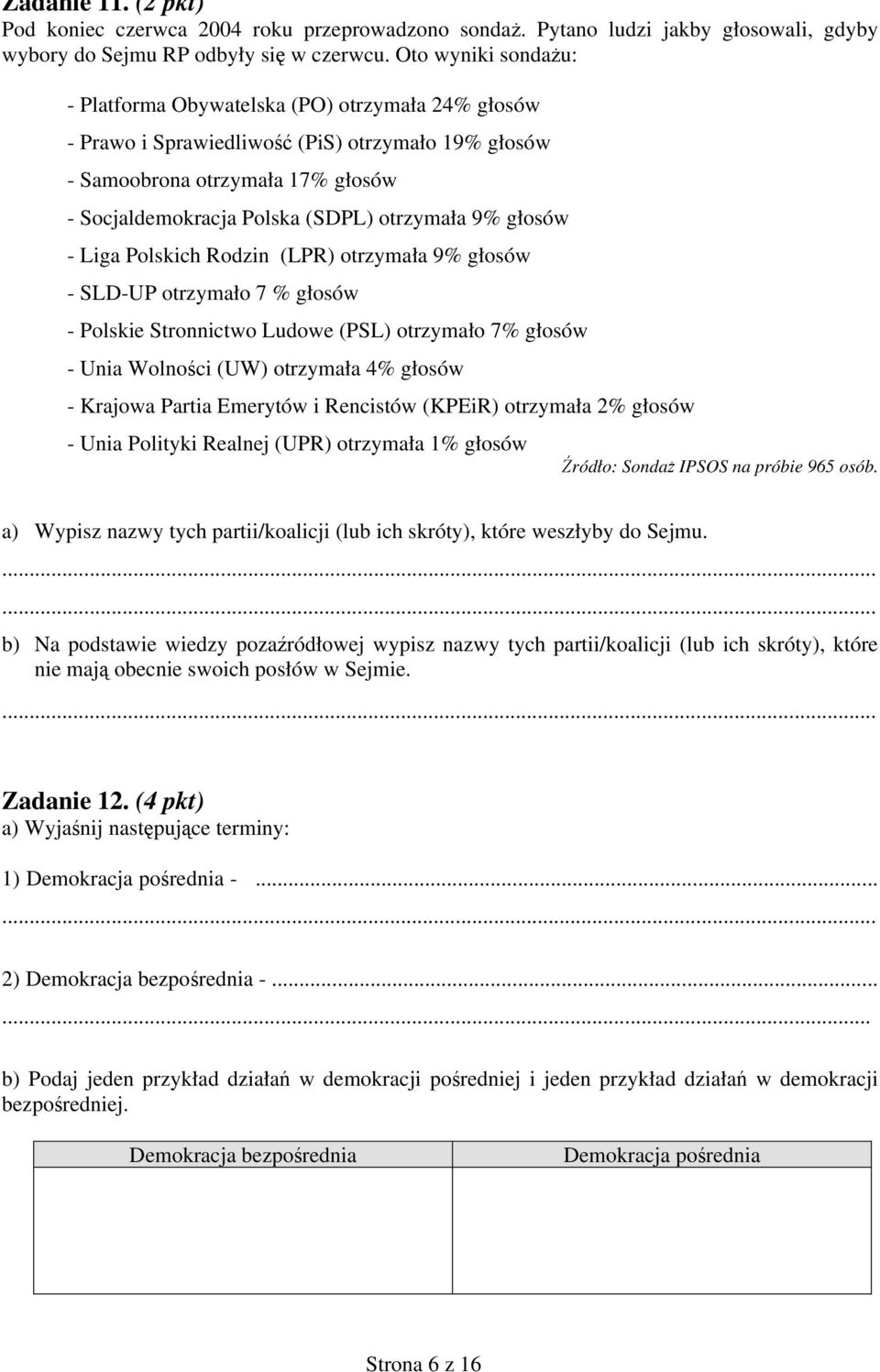 9% głosów - Liga Polskich Rodzin (LPR) otrzymała 9% głosów - SLD-UP otrzymało 7 % głosów - Polskie Stronnictwo Ludowe (PSL) otrzymało 7% głosów - Unia Wolności (UW) otrzymała 4% głosów - Krajowa