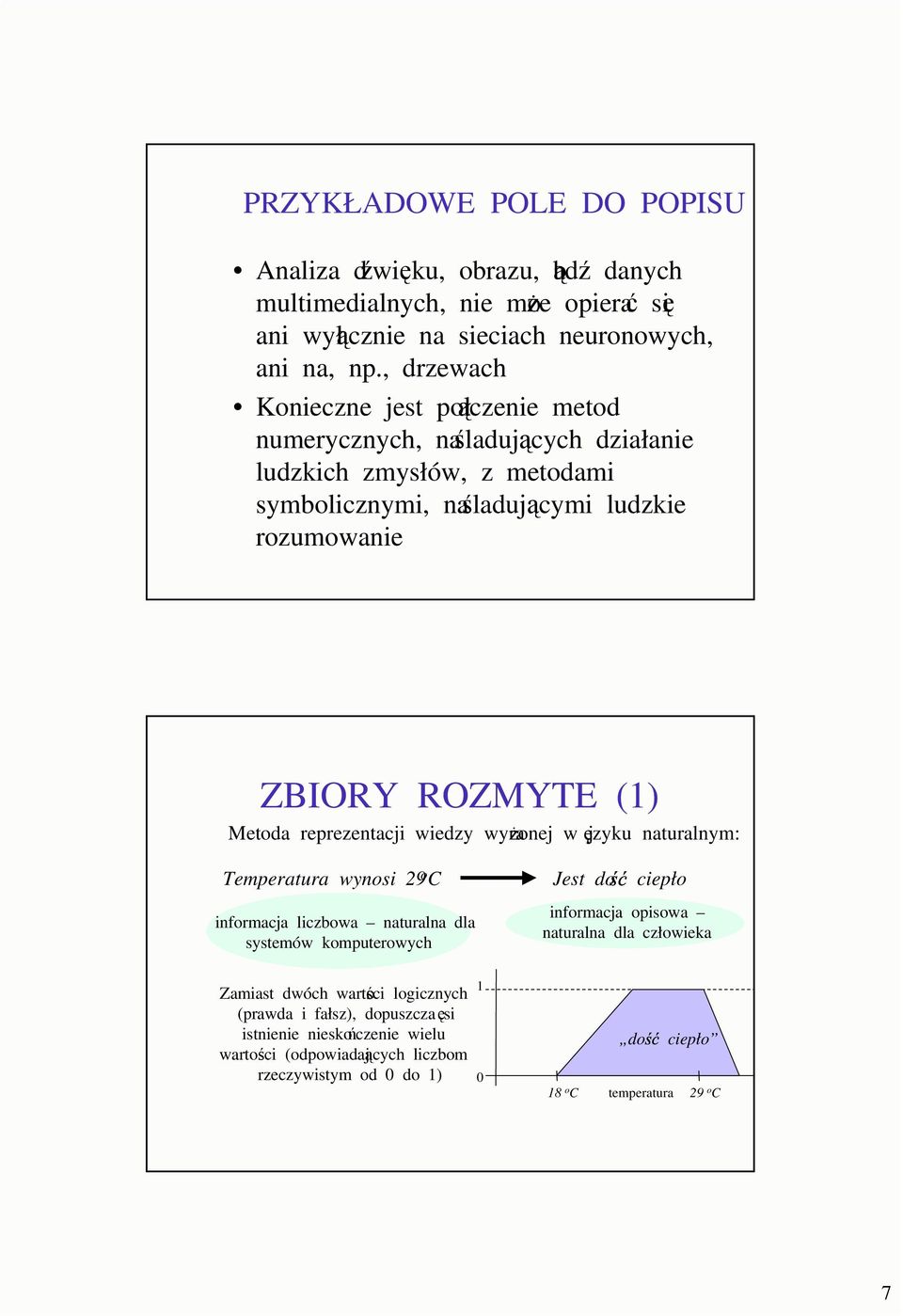 Metoda reprezentacji wiedzy wyraonej w jzyku naturalnym: Temperatura wynosi 29 o C informacja liczbowa naturalna dla systemów komputerowych Jest do ciepło informacja opisowa