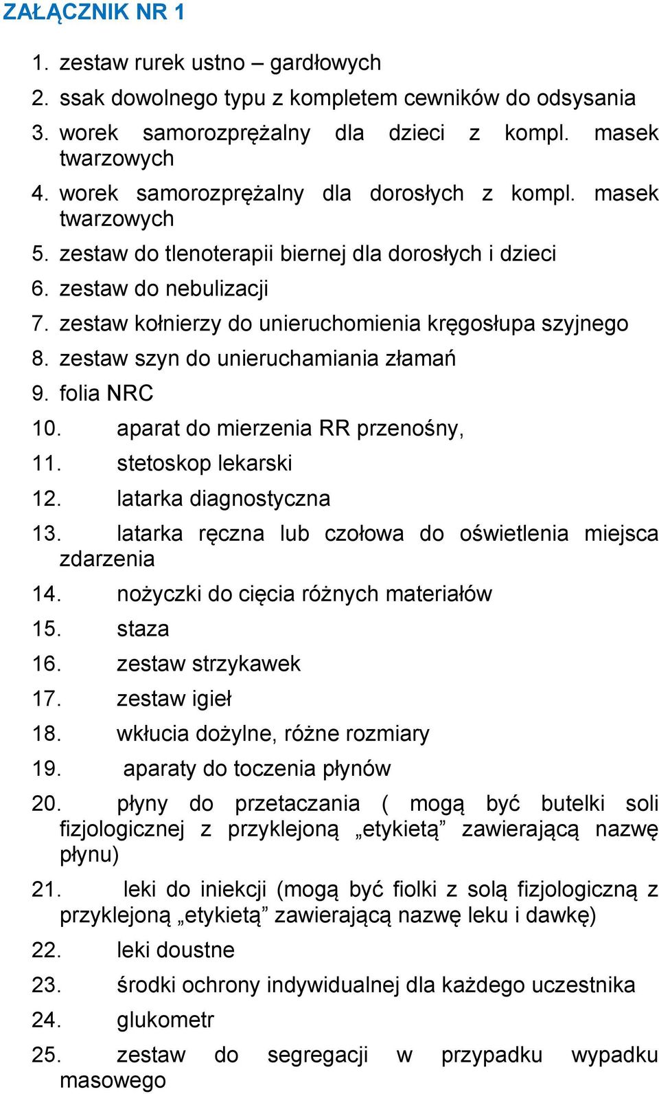 zestaw kołnierzy do unieruchomienia kręgosłupa szyjnego 8. zestaw szyn do unieruchamiania złamań 9. folia NRC 10. aparat do mierzenia RR przenośny, 11. stetoskop lekarski 12. latarka diagnostyczna 13.