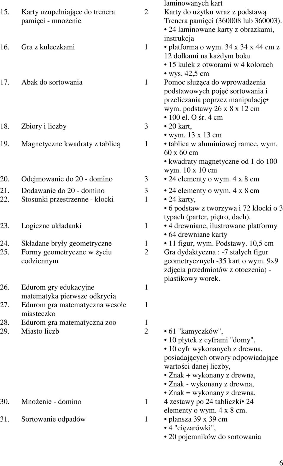 Abak do sortowania Pomoc służąca do wprowadzenia podstawowych pojęć sortowania i przeliczania poprzez manipulację wym. podstawy 6 x 8 x cm 00 el. O śr. 4 cm 8. Zbiory i liczby 3 0 kart, wym.