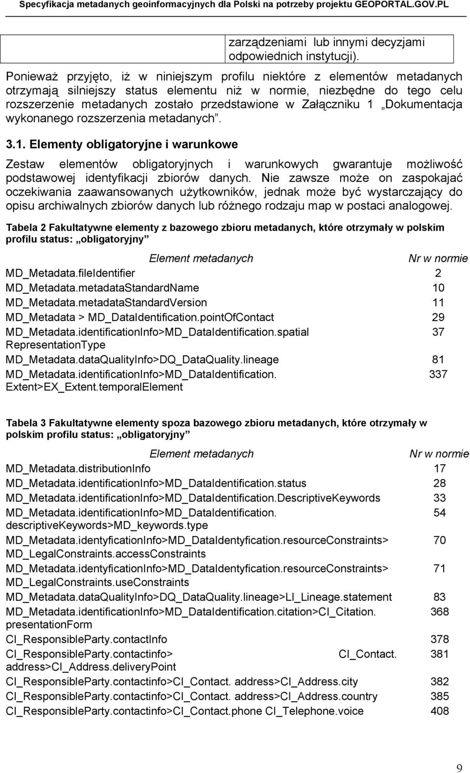 Dokumentacja wykonanego rozszerzenia. 3.1. Elementy obligatoryjne i warunkowe Zestaw elementów obligatoryjnych i warunkowych gwarantuje możliwość podstawowej identyfikacji zbiorów danych.