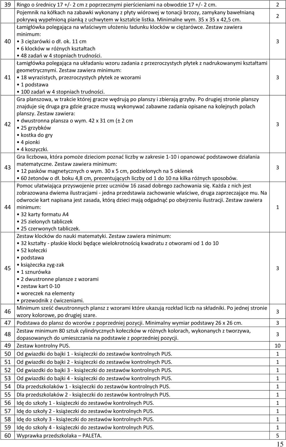 0 Łamigłówka polegająca na właściwym ułożeniu ładunku klocków w ciężarówce. Zestaw zawiera minimum: ciężarówki o dł. ok. cm klocków w różnych kształtach 8 zadań w stopniach trudności.