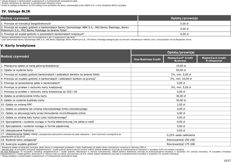 Prowizja od wypłaty gotówki w bankomatach Banku Zachodniego WBK S.A., ING Banku Śląskiego, Banku Millennium S.A., PKO Banku Polskiego na terenie Polski.