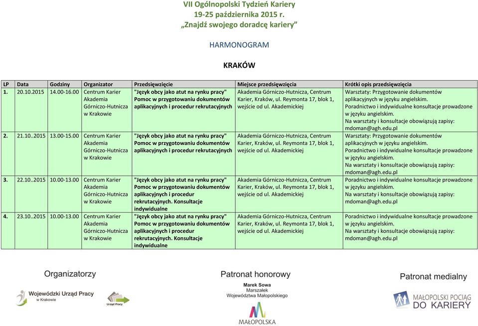 00 Karier Akademia Górniczo-Hutnicza "Język obcy jako atut na rynku pracy" Pomoc w przygotowaniu dokumentów aplikacyjnych i procedur rekrutacyjnych Akademia Górniczo-Hutnicza, Karier, Kraków, ul.