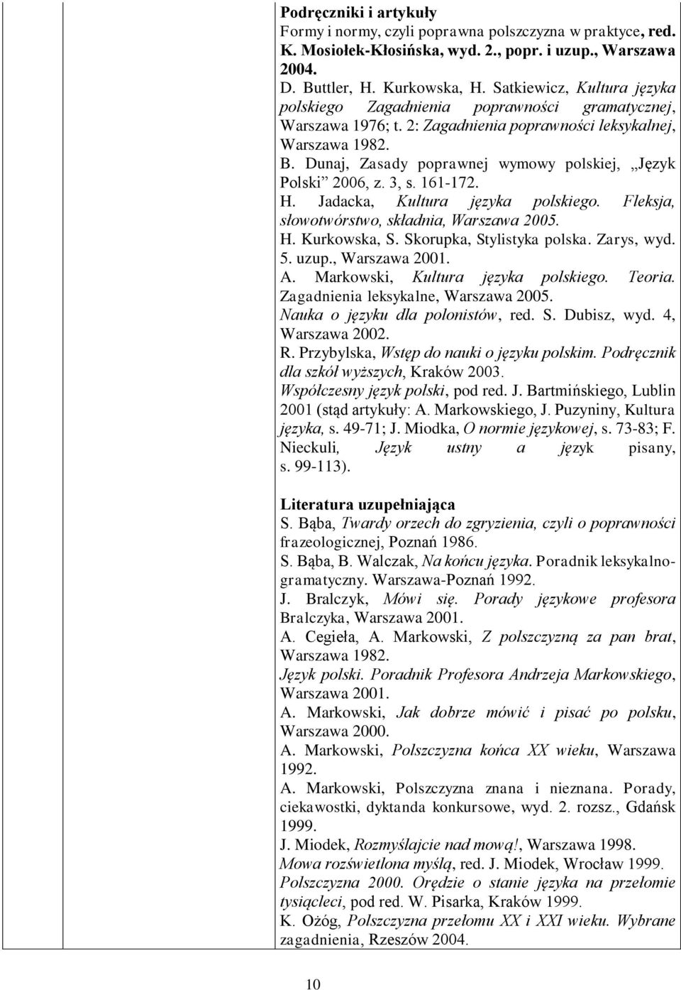 Dunaj, Zasady poprawnej wymowy polskiej, Język Polski 2006, z. 3, s. 161-172. H. Jadacka, Kultura języka polskiego. Fleksja, słowotwórstwo, składnia, Warszawa 2005. H. Kurkowska, S.