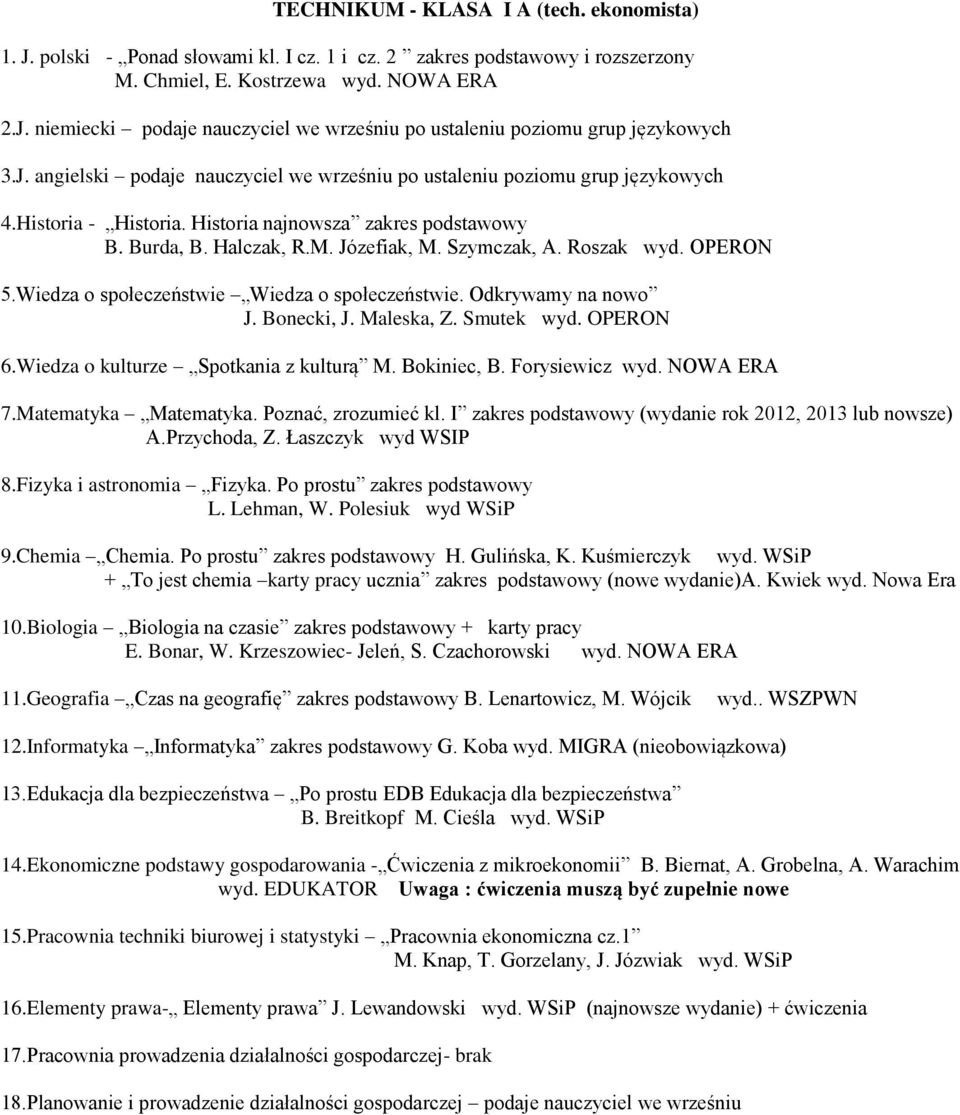 Roszak wyd. OPERON 5.Wiedza o społeczeństwie Wiedza o społeczeństwie. Odkrywamy na nowo J. Bonecki, J. Maleska, Z. Smutek wyd. OPERON 6.Wiedza o kulturze Spotkania z kulturą M. Bokiniec, B.