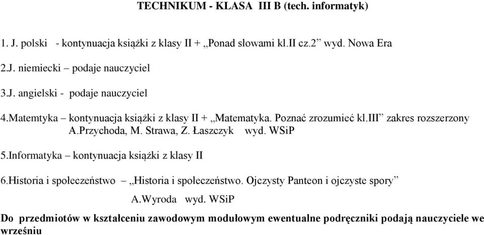 Strawa, Z. Łaszczyk wyd. WSiP 5.Informatyka kontynuacja książki z klasy II 6.Historia i społeczeństwo Historia i społeczeństwo.