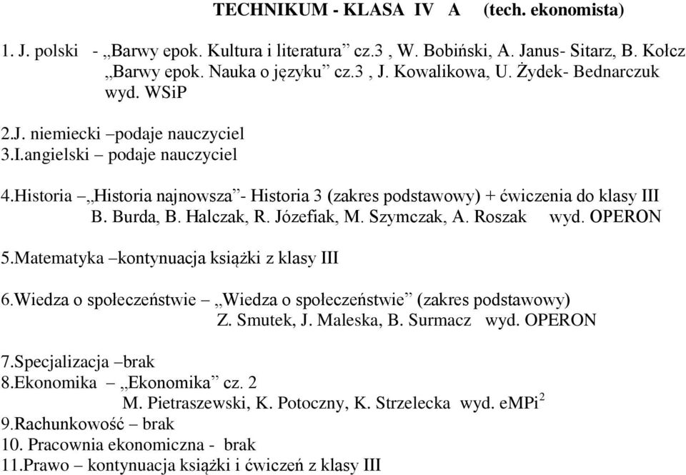 Halczak, R. Józefiak, M. Szymczak, A. Roszak wyd. OPERON 5.Matematyka kontynuacja książki z klasy III 6.Wiedza o społeczeństwie Wiedza o społeczeństwie (zakres podstawowy) Z. Smutek, J. Maleska, B.