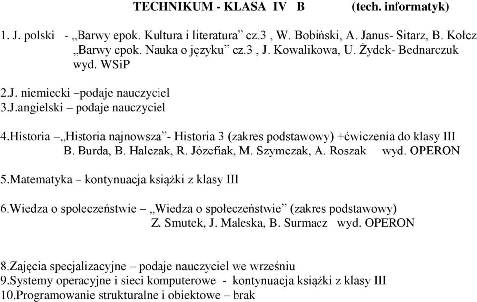 Halczak, R. Józefiak, M. Szymczak, A. Roszak wyd. OPERON 5.Matematyka kontynuacja książki z klasy III 6.Wiedza o społeczeństwie Wiedza o społeczeństwie (zakres podstawowy) Z. Smutek, J.