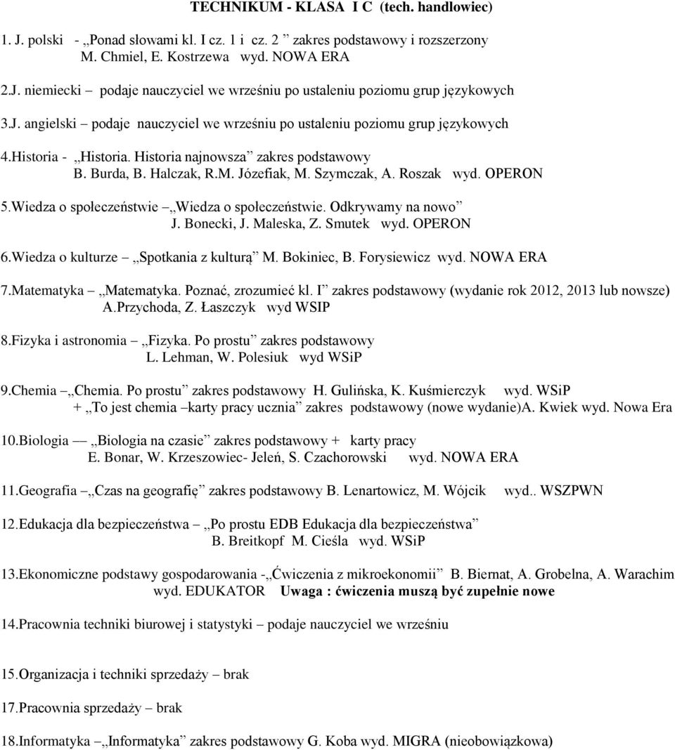 Roszak wyd. OPERON 5.Wiedza o społeczeństwie Wiedza o społeczeństwie. Odkrywamy na nowo J. Bonecki, J. Maleska, Z. Smutek wyd. OPERON 6.Wiedza o kulturze Spotkania z kulturą M. Bokiniec, B.