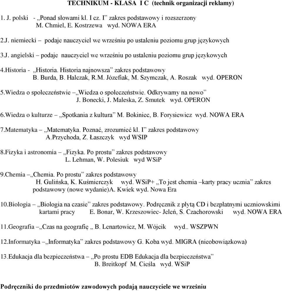 Roszak wyd. OPERON 5.Wiedza o społeczeństwie Wiedza o społeczeństwie. Odkrywamy na nowo J. Bonecki, J. Maleska, Z. Smutek wyd. OPERON 6.Wiedza o kulturze Spotkania z kultura M. Bokiniec, B.