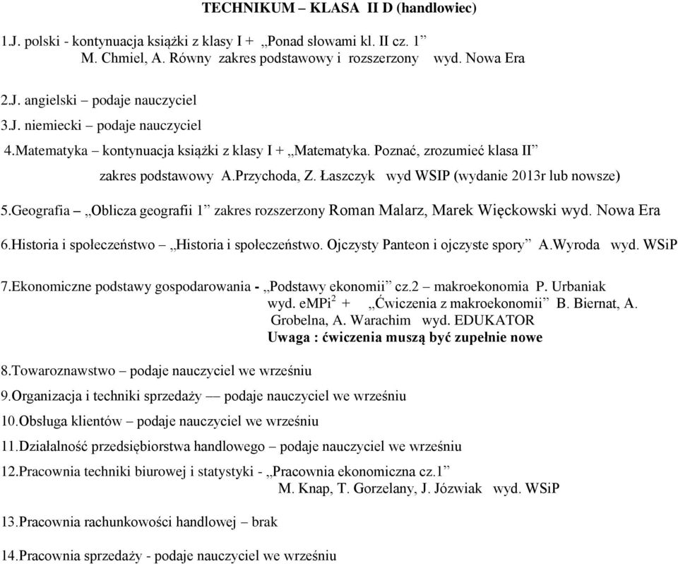 Geografia Oblicza geografii 1 zakres rozszerzony Roman Malarz, Marek Więckowski wyd. Nowa Era 6.Historia i społeczeństwo Historia i społeczeństwo. Ojczysty Panteon i ojczyste spory A.Wyroda wyd.